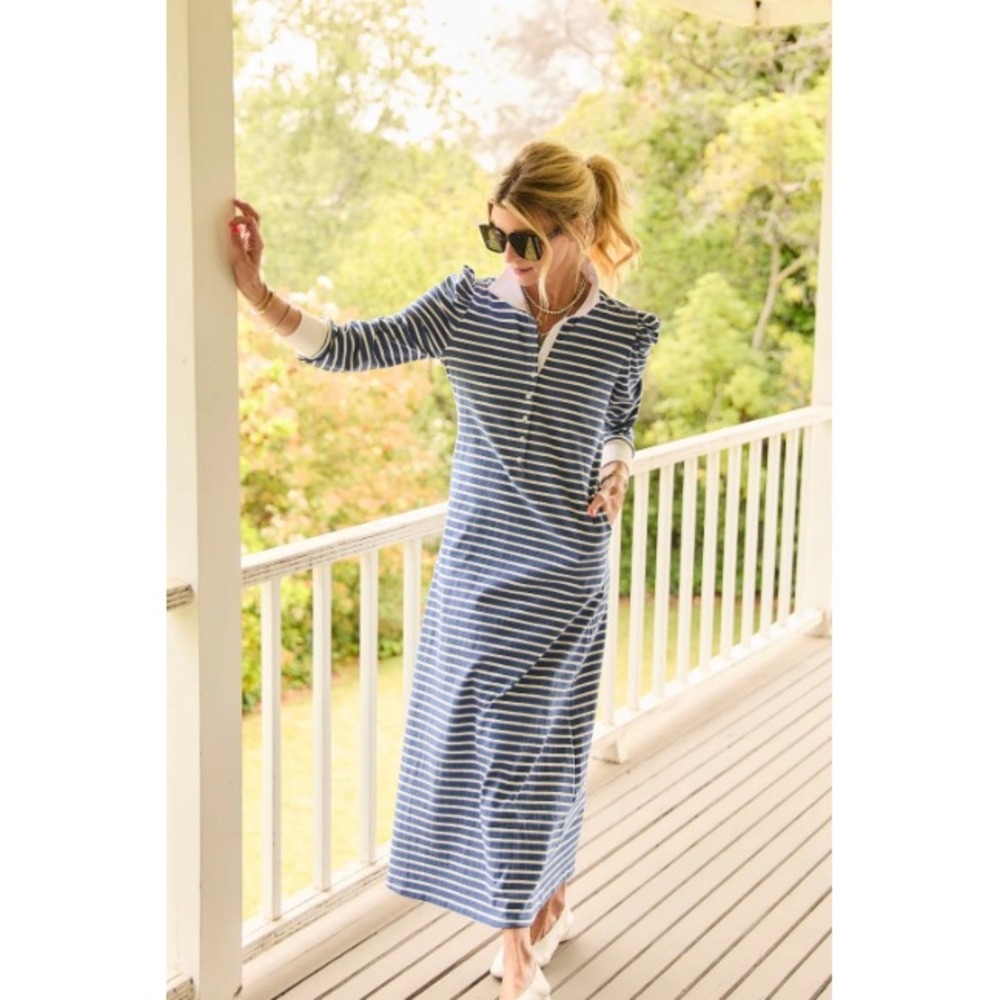 Buru Rugby Midi Dress Womens Small Striped‎ Cotton Knit Collared Button Preppy